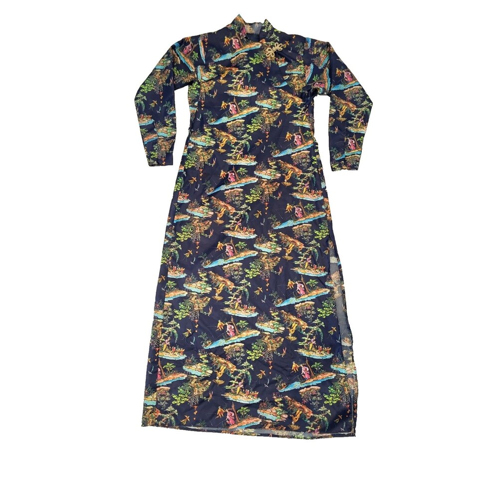 Handmade Qipao Cheongsam Maxi Dress Royal Blue Gold Silk Blend